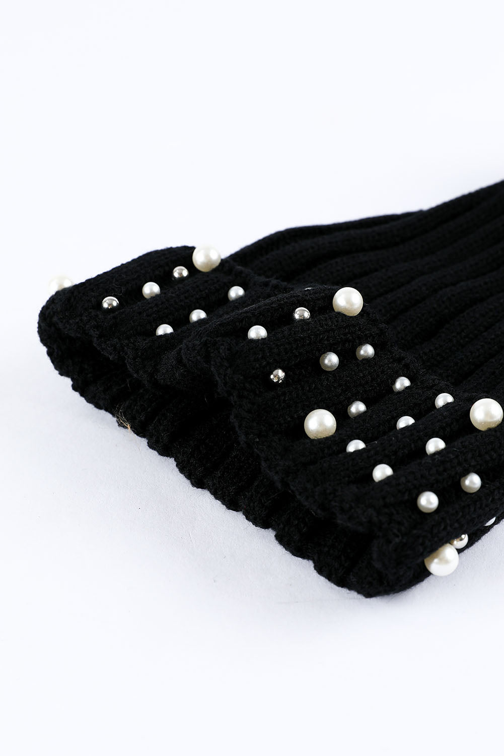 Beanie, Black Faux Pearl and Pom Pom Cuff Beanie