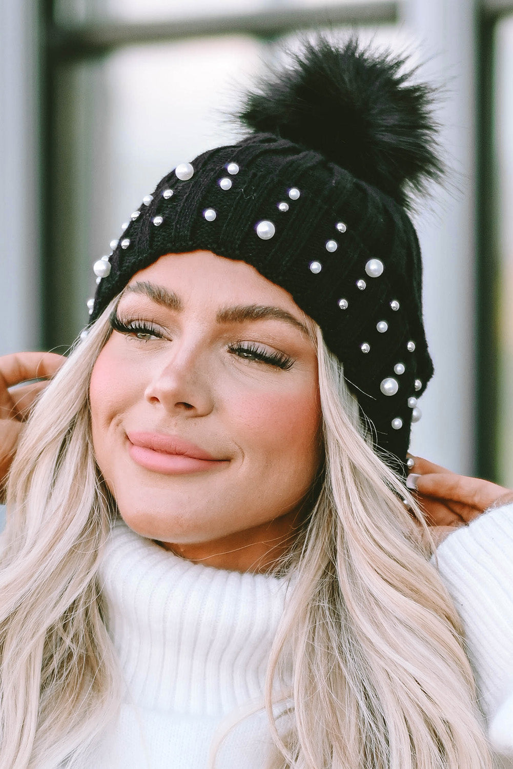 Beanie, Black Faux Pearl and Pom Pom Cuff Beanie