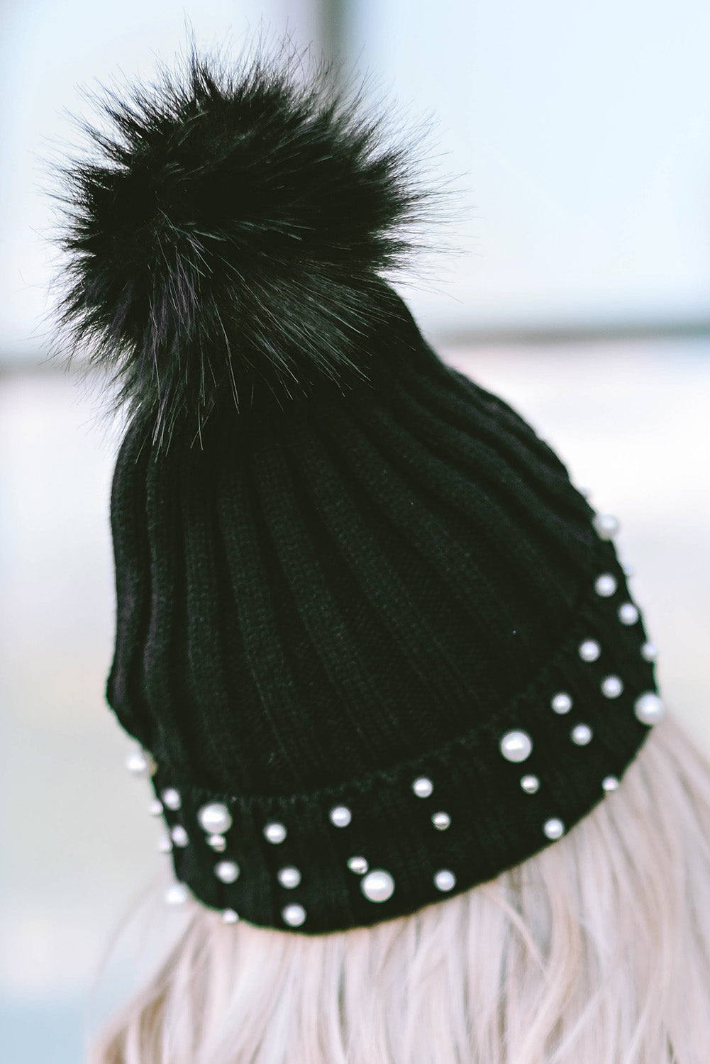 Beanie, Black Faux Pearl and Pom Pom Cuff Beanie