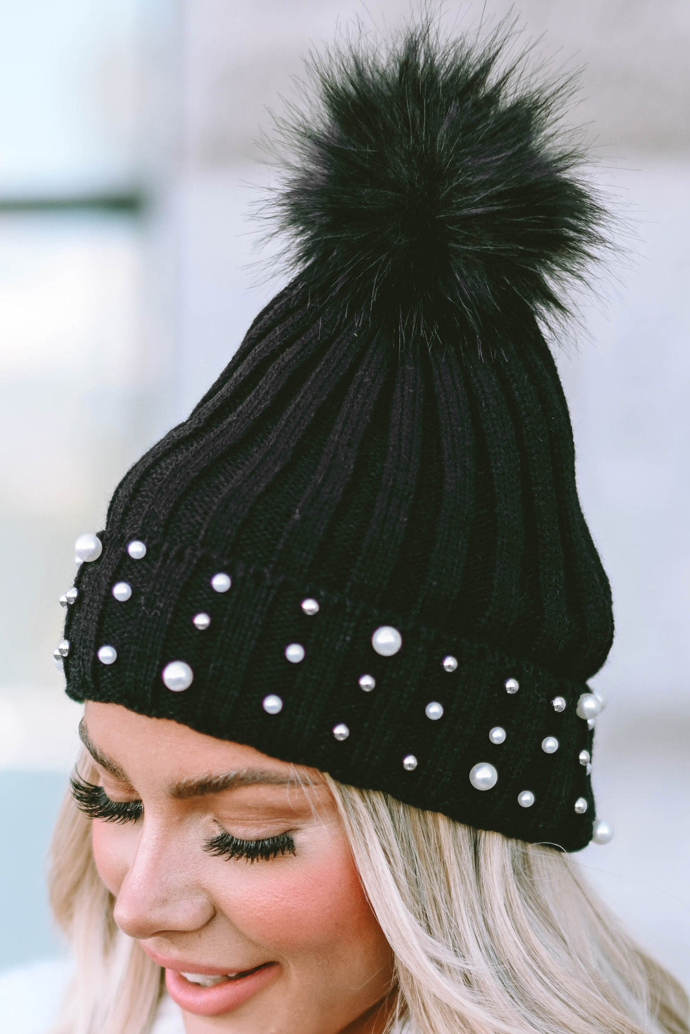 Beanie, Black Faux Pearl and Pom Pom Cuff Beanie