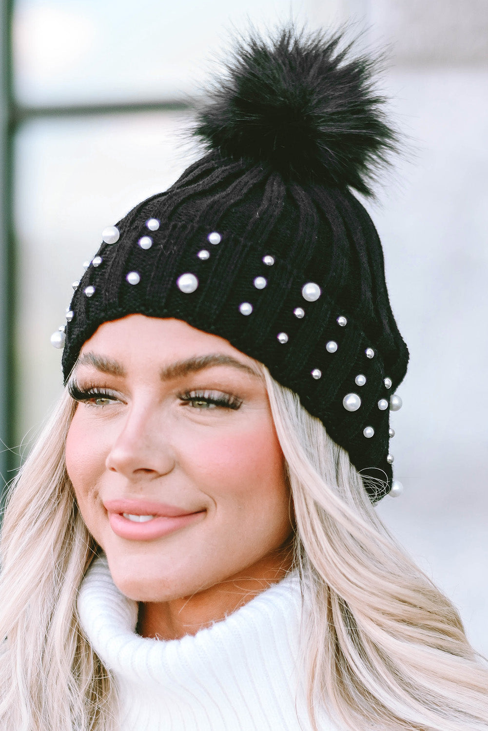 Beanie, Black Faux Pearl and Pom Pom Cuff Beanie