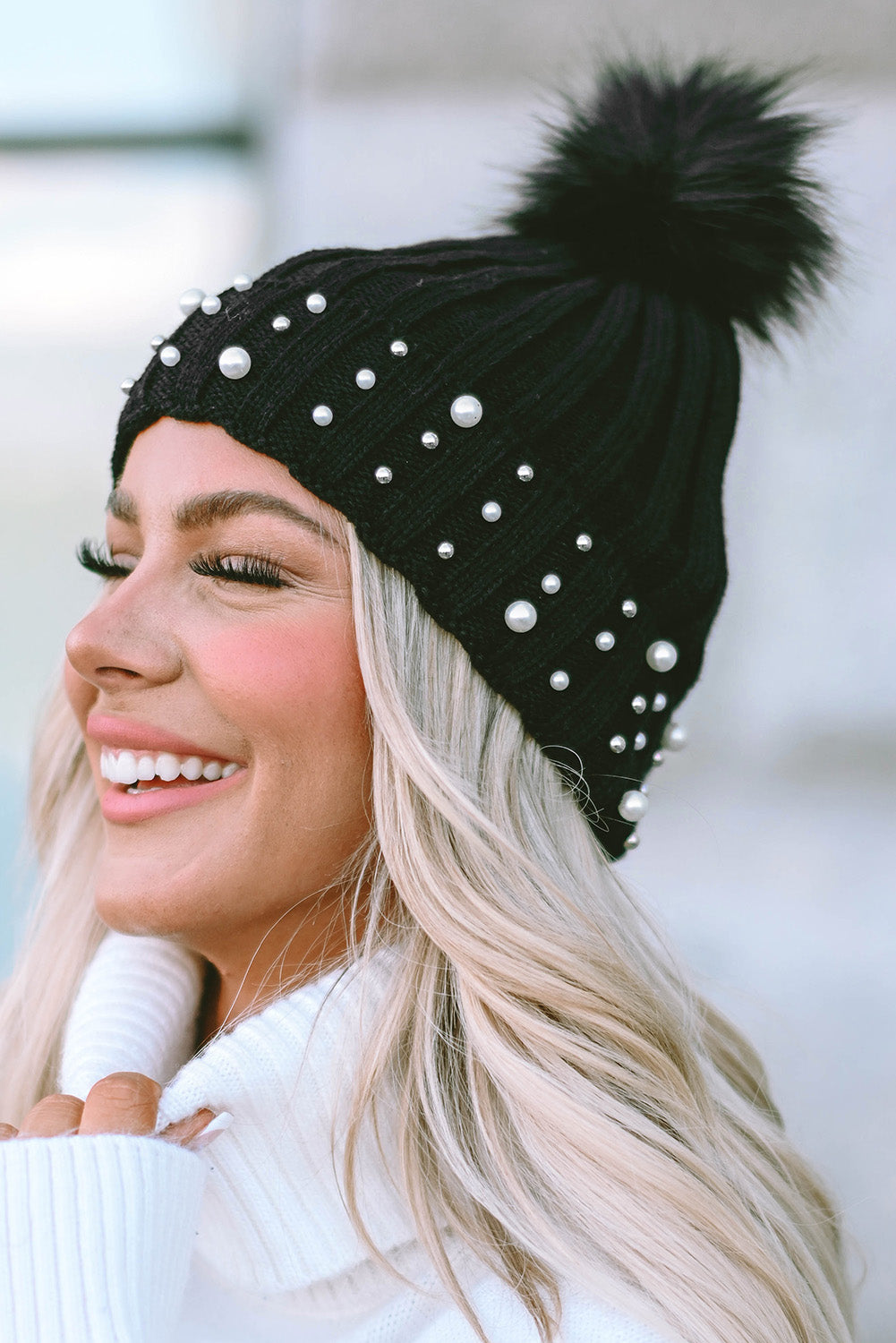 Beanie, Black Faux Pearl and Pom Pom Cuff Beanie