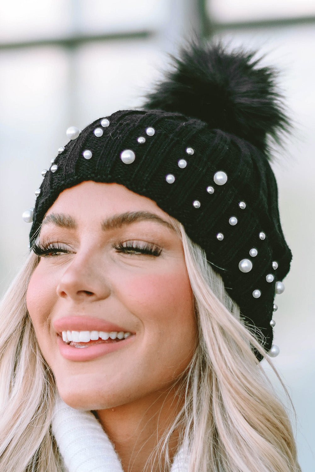 Beanie, Black Faux Pearl and Pom Pom Cuff Beanie
