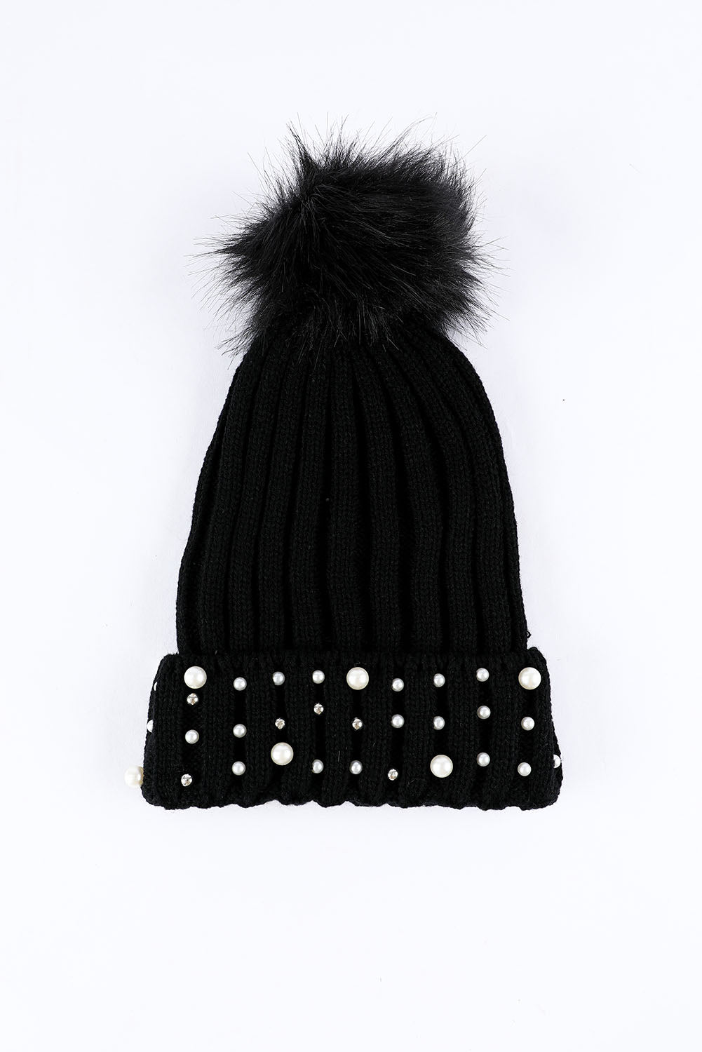 Beanie, Black Faux Pearl and Pom Pom Cuff Beanie