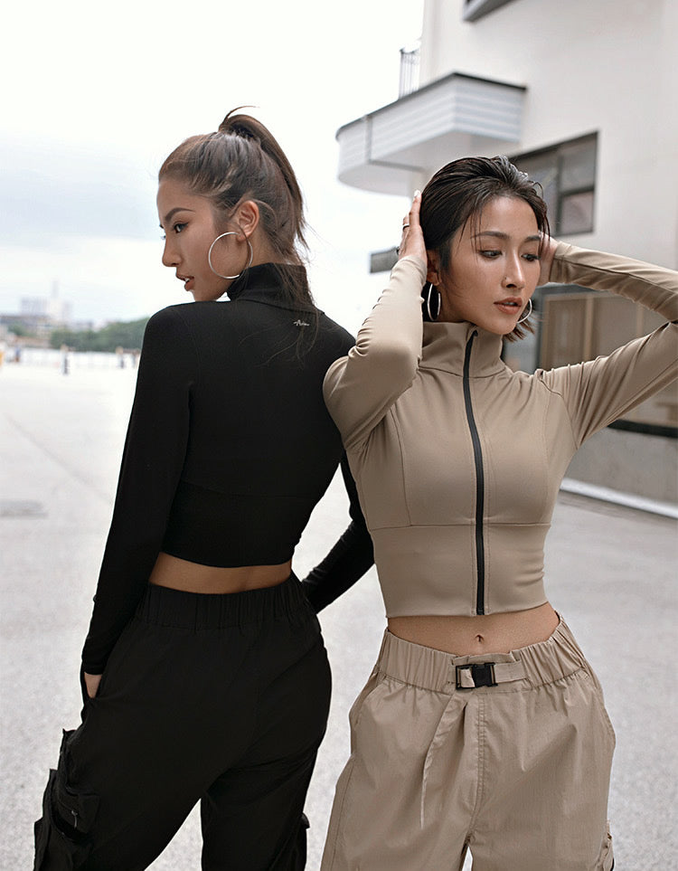 Long Sleeve Zipper Crop Top Active Wear