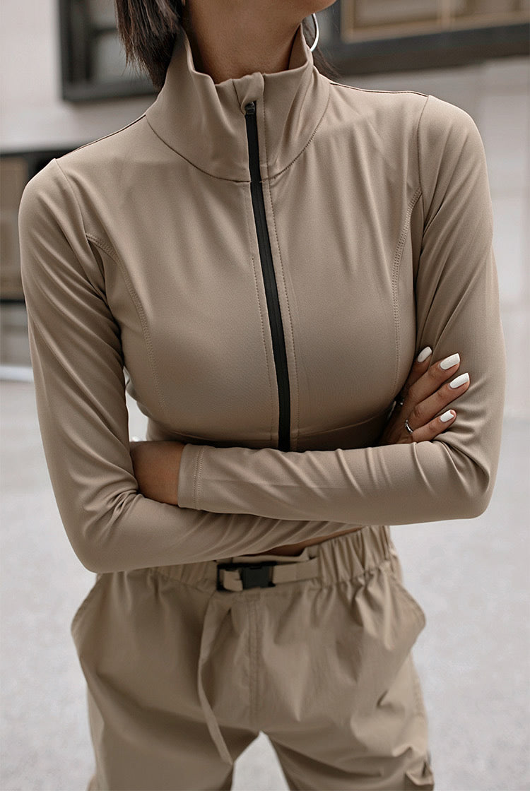 Long Sleeve Zipper Crop Top Active Wear