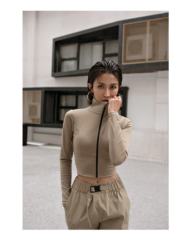 Long Sleeve Zipper Crop Top Active Wear