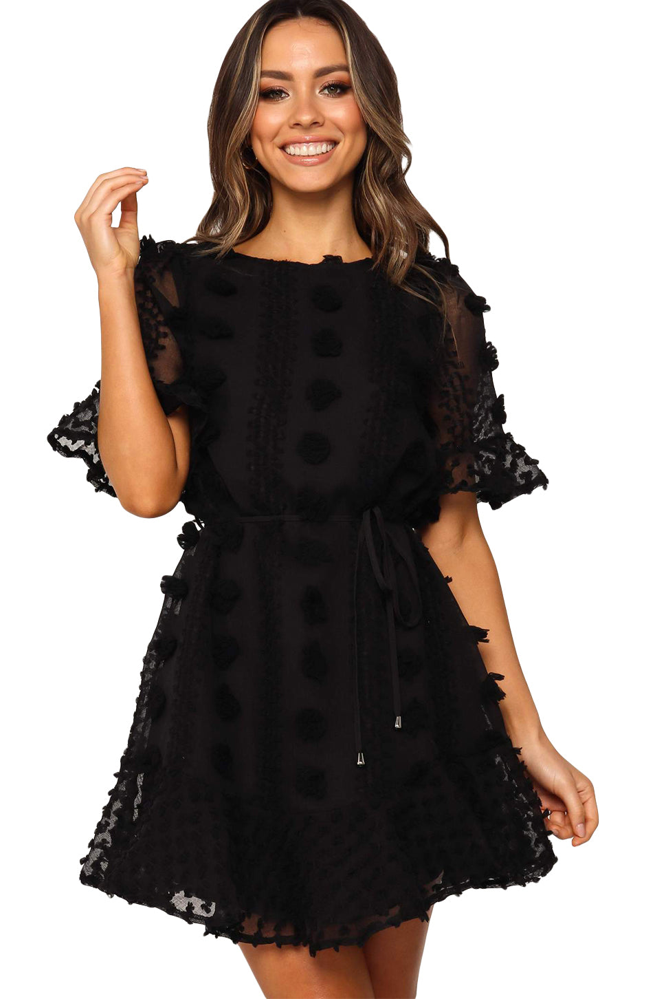Mini Dress, Crew Neck Swiss Dot Mini Dress, Black