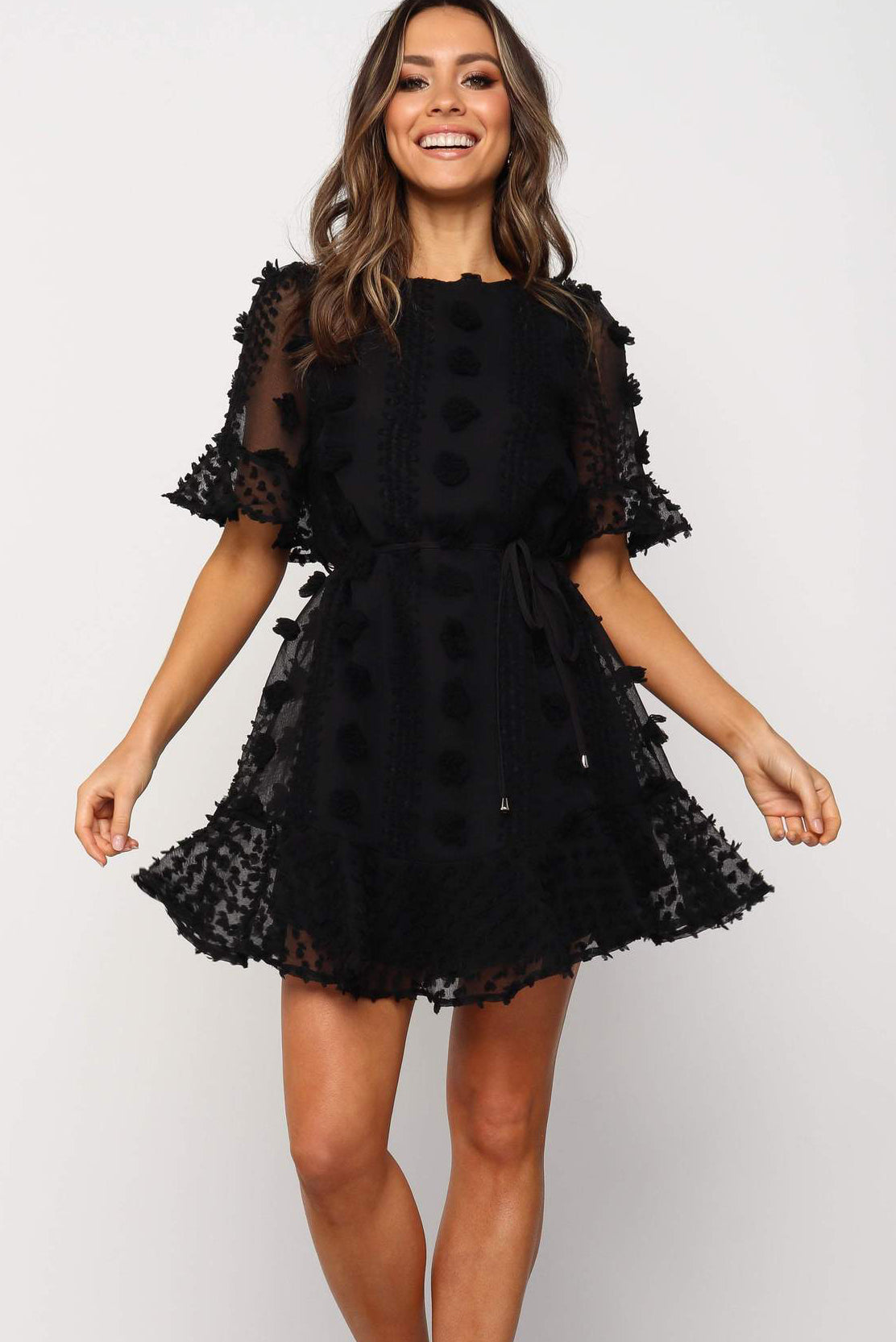 Mini Dress, Crew Neck Swiss Dot Mini Dress, Black