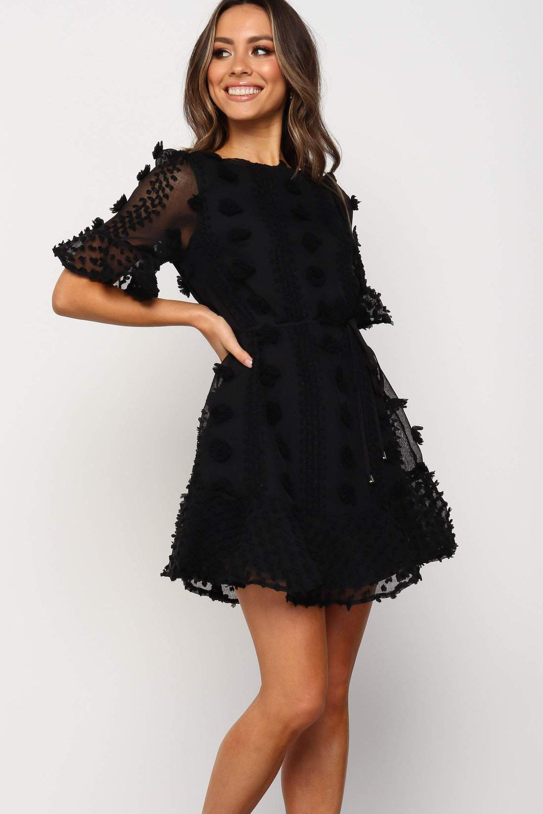 Mini Dress, Crew Neck Swiss Dot Mini Dress, Black