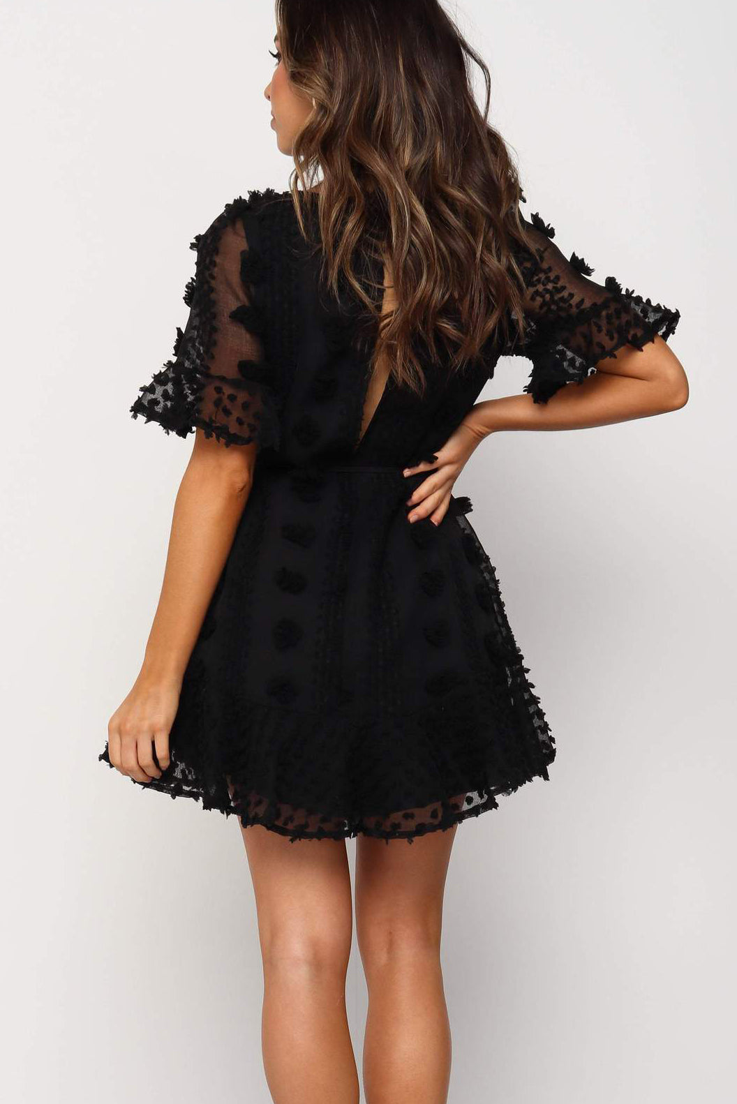 Mini Dress, Crew Neck Swiss Dot Mini Dress, Black