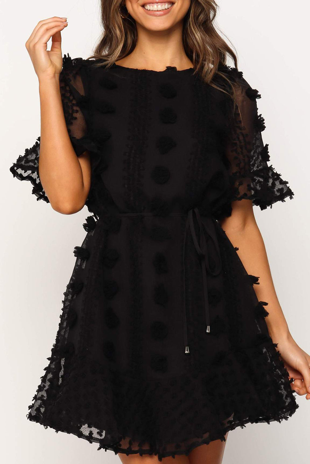Mini Dress, Crew Neck Swiss Dot Mini Dress, Black