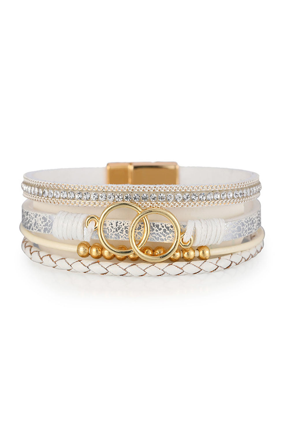 Bracelet , Eight Ring Beads, Hand Woven, White