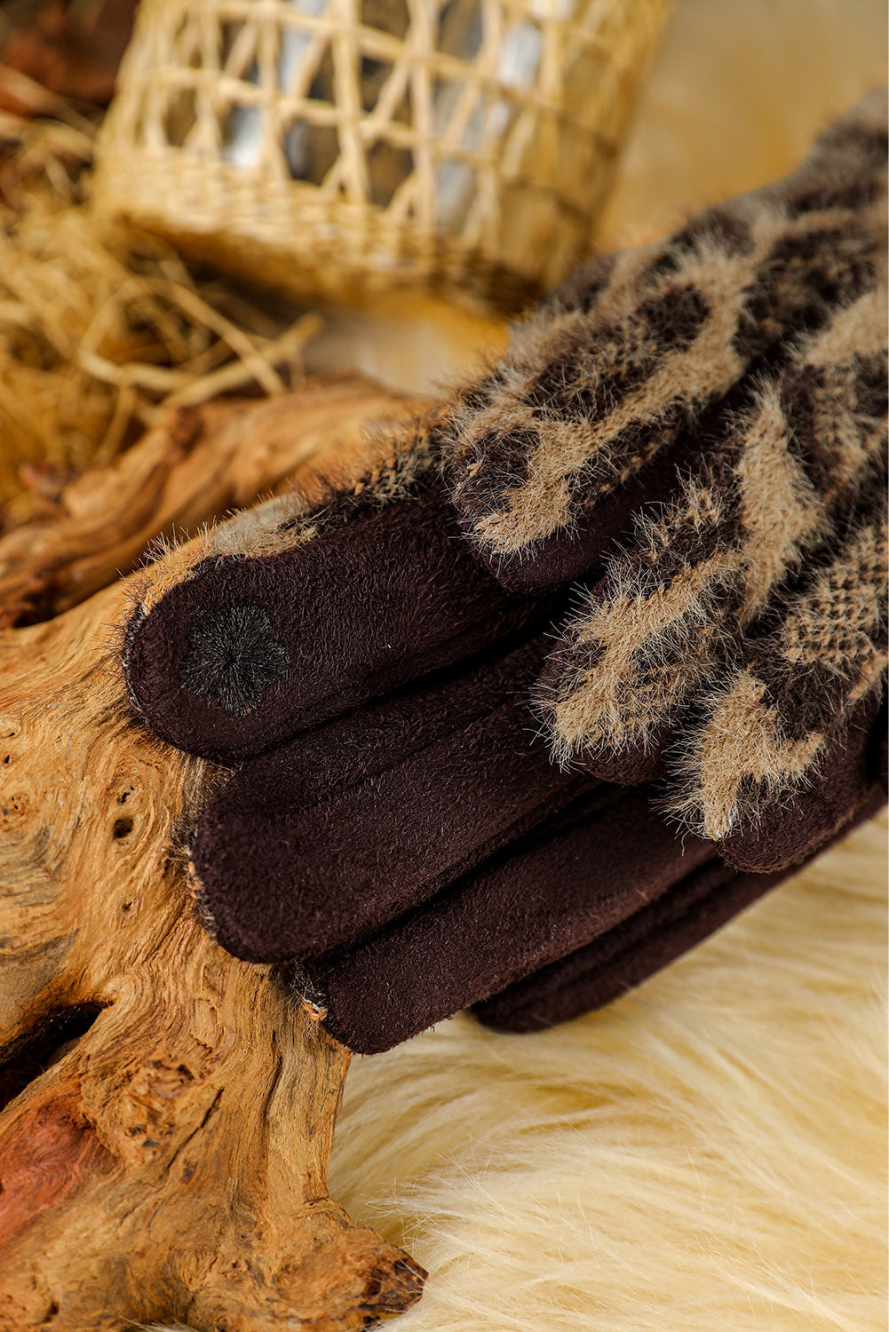 Gloves, Brown Studded Furry Leopard Gloves