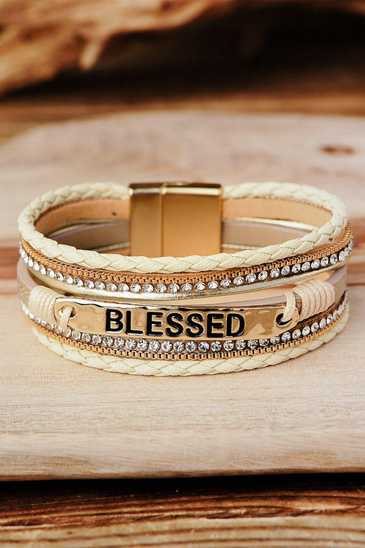 Bracelet, Blessed Rhinestone Leather Layered Bracelet with magnetic clasp.