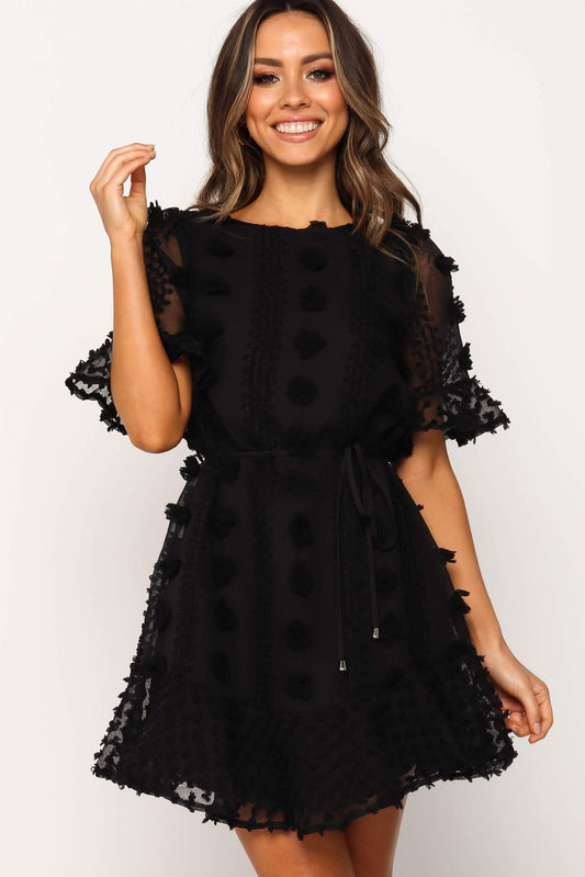 Mini Dress, Crew Neck Swiss Dot Mini Dress, Black