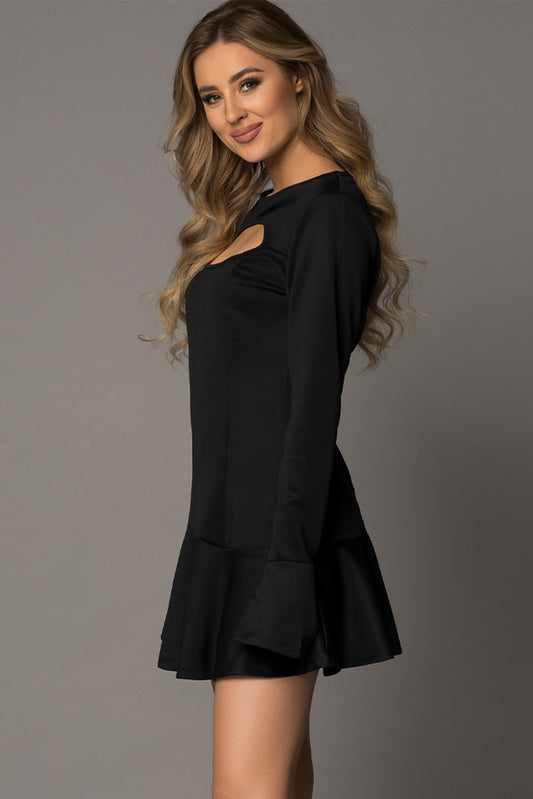 Mini Dress, Hollowed out chest,  Flared Sleeve, Black