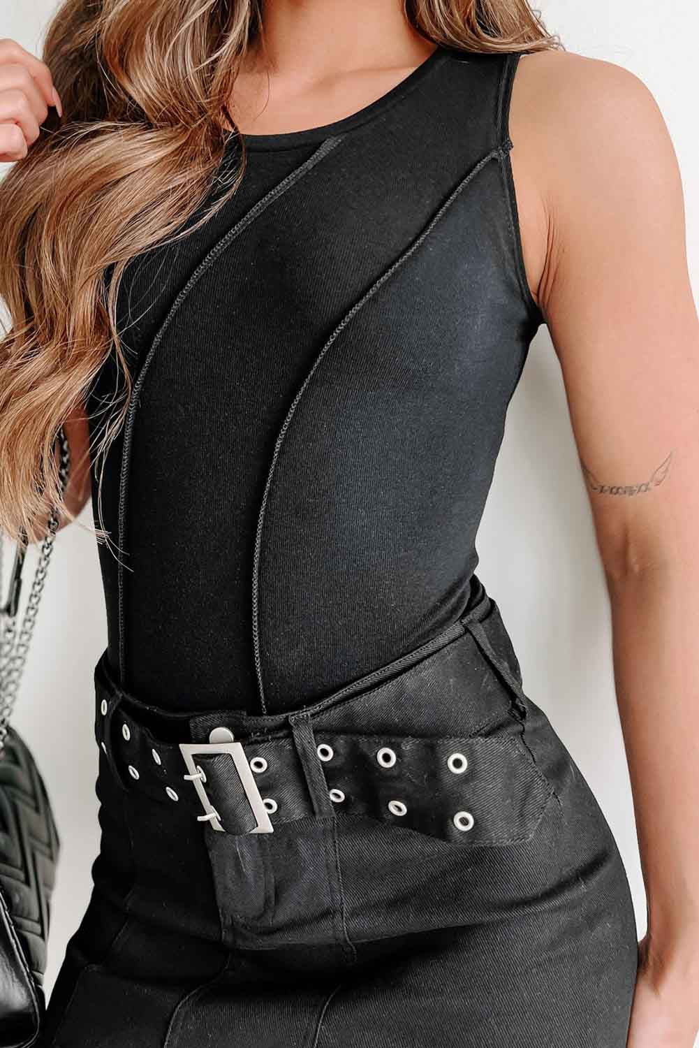 Body Suit,  Exposed Seam Detail, Black