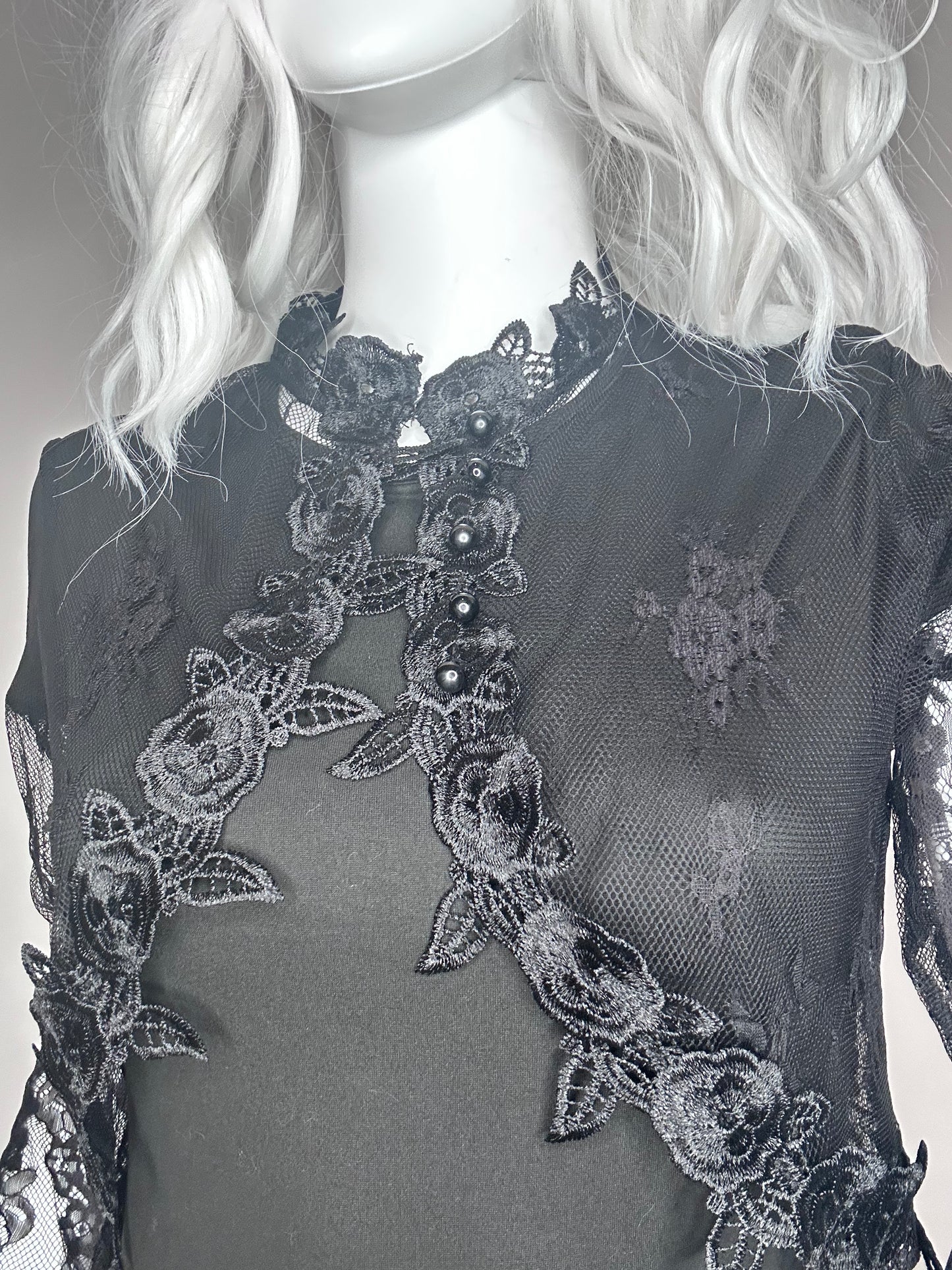 Black Lace, long sleeve, sheer cape blouse